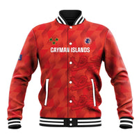 Red football baseball jacket with black button front, striped collar, Cayman Islands graphic