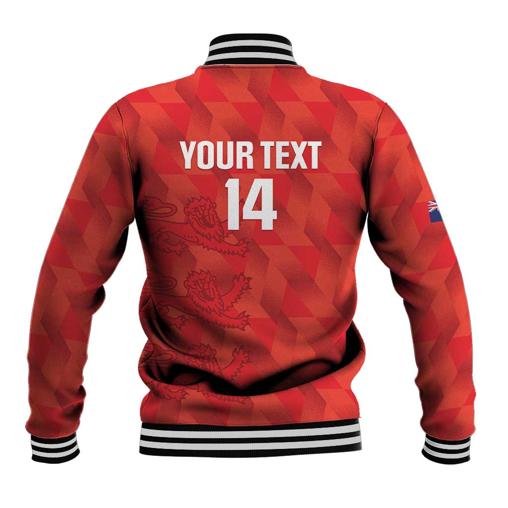 Red football baseball jacket back view with striped ribbed collar and number 14 graphic