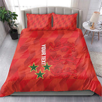 Red bedding set on bed with two shams and duvet, geometric design, Your Text, crest and stars