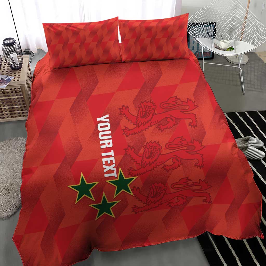 Red bedding set with two shams and duvet, geometric pattern, Your Text, crest and stars