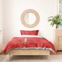 Red bedding set with duvet and pillow shams, geometric pattern, Your Text, crest and stars