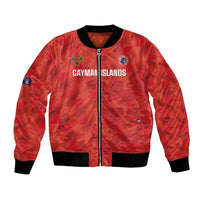 Red bomber jacket with front zipper, Cayman Islands graphic, black ribbed cuffs and hem