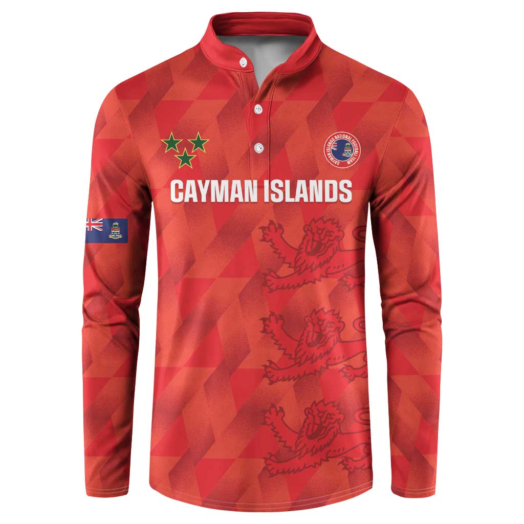 Red long-sleeve button football sweatshirt with Cayman crest and dragon graphics