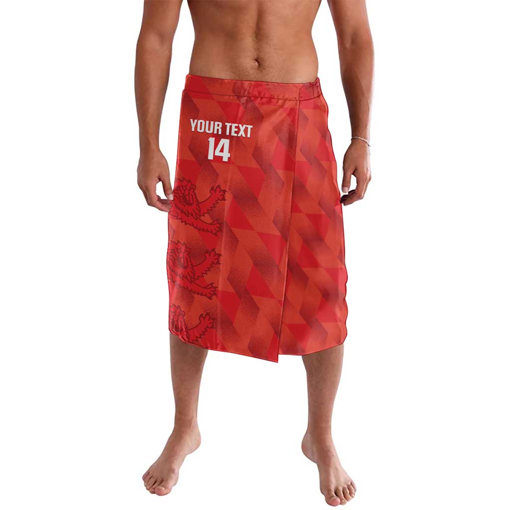 Red soccer lavalava skirt with elastic waist, drawstring, and front '14' graphic