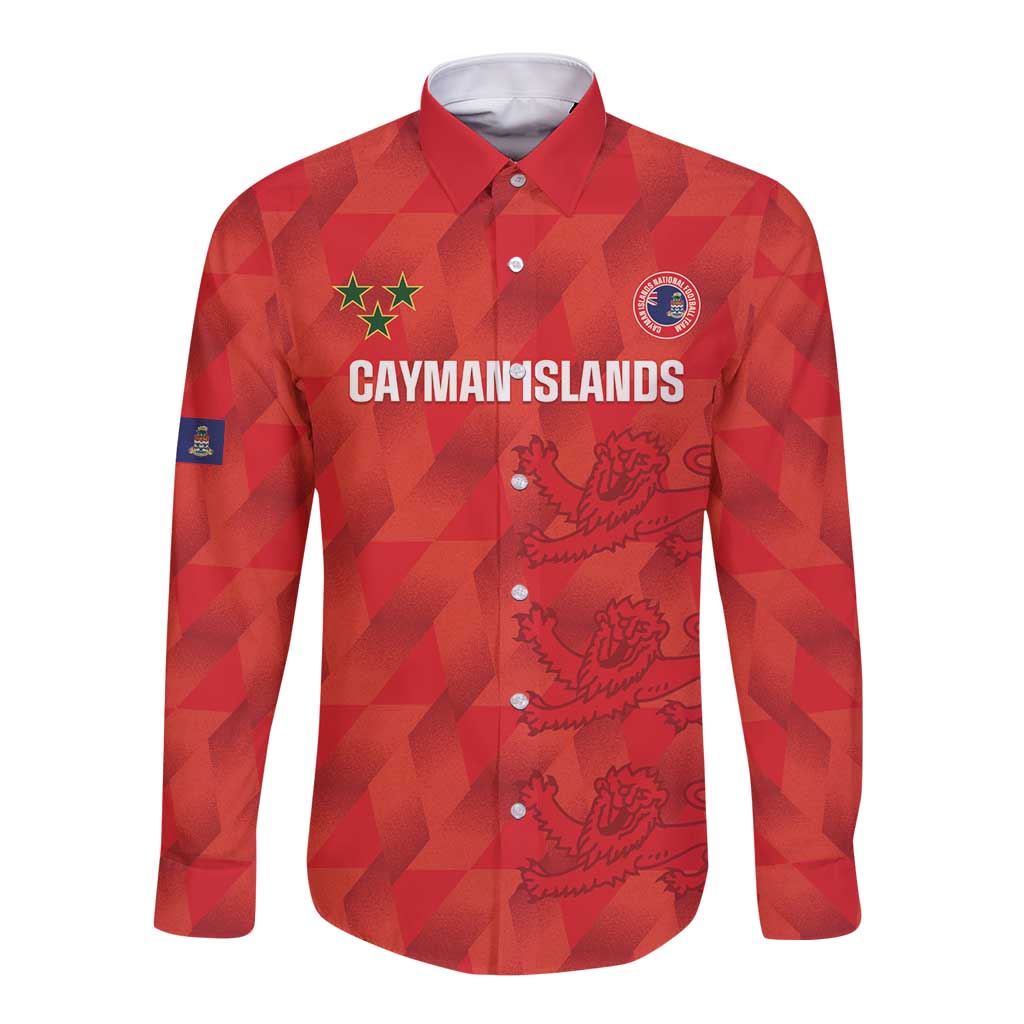 Red long sleeve button football shirt with Cayman Islands logo and front graphic