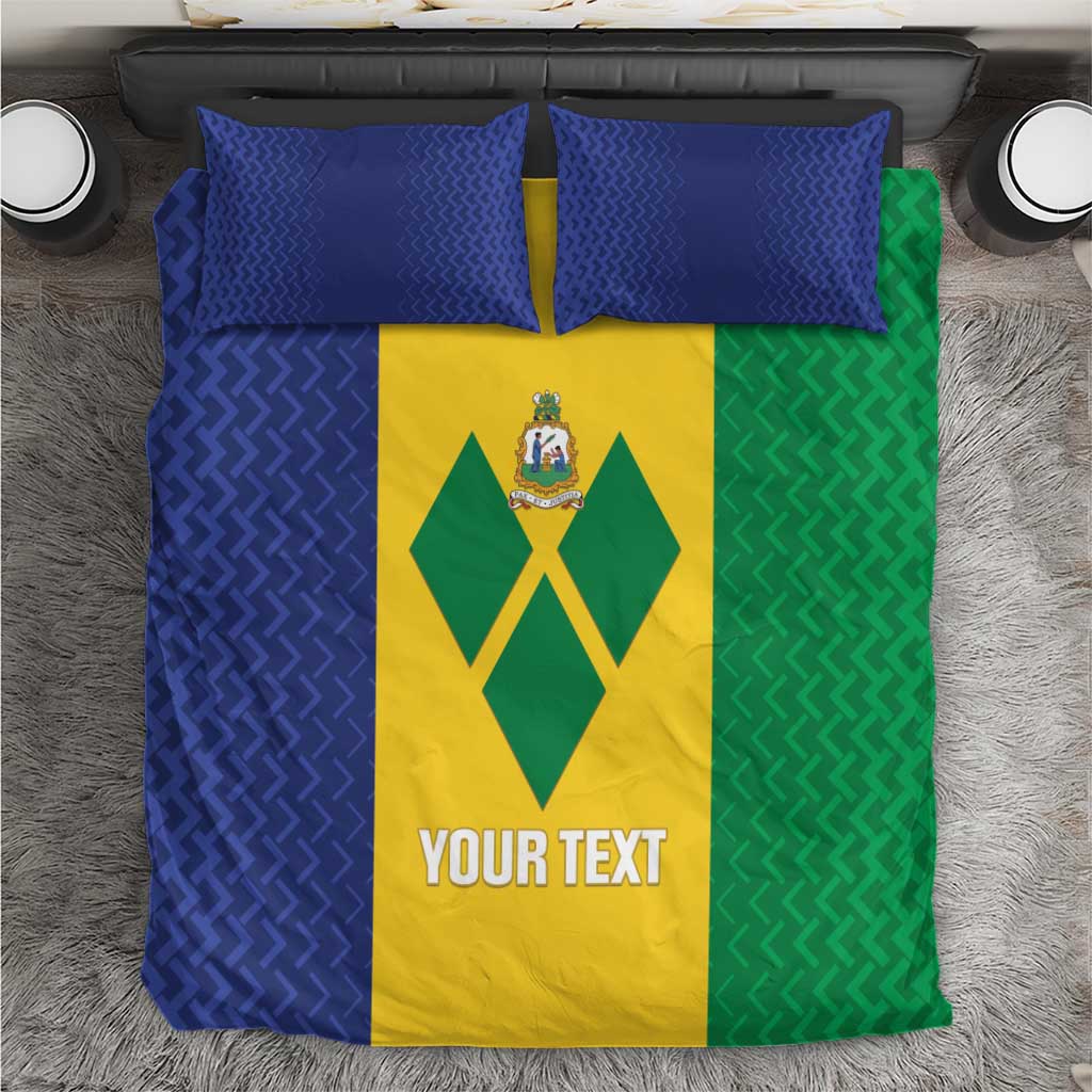 Football bedding set with blue, yellow, and green geometric flag panel and two blue pillows