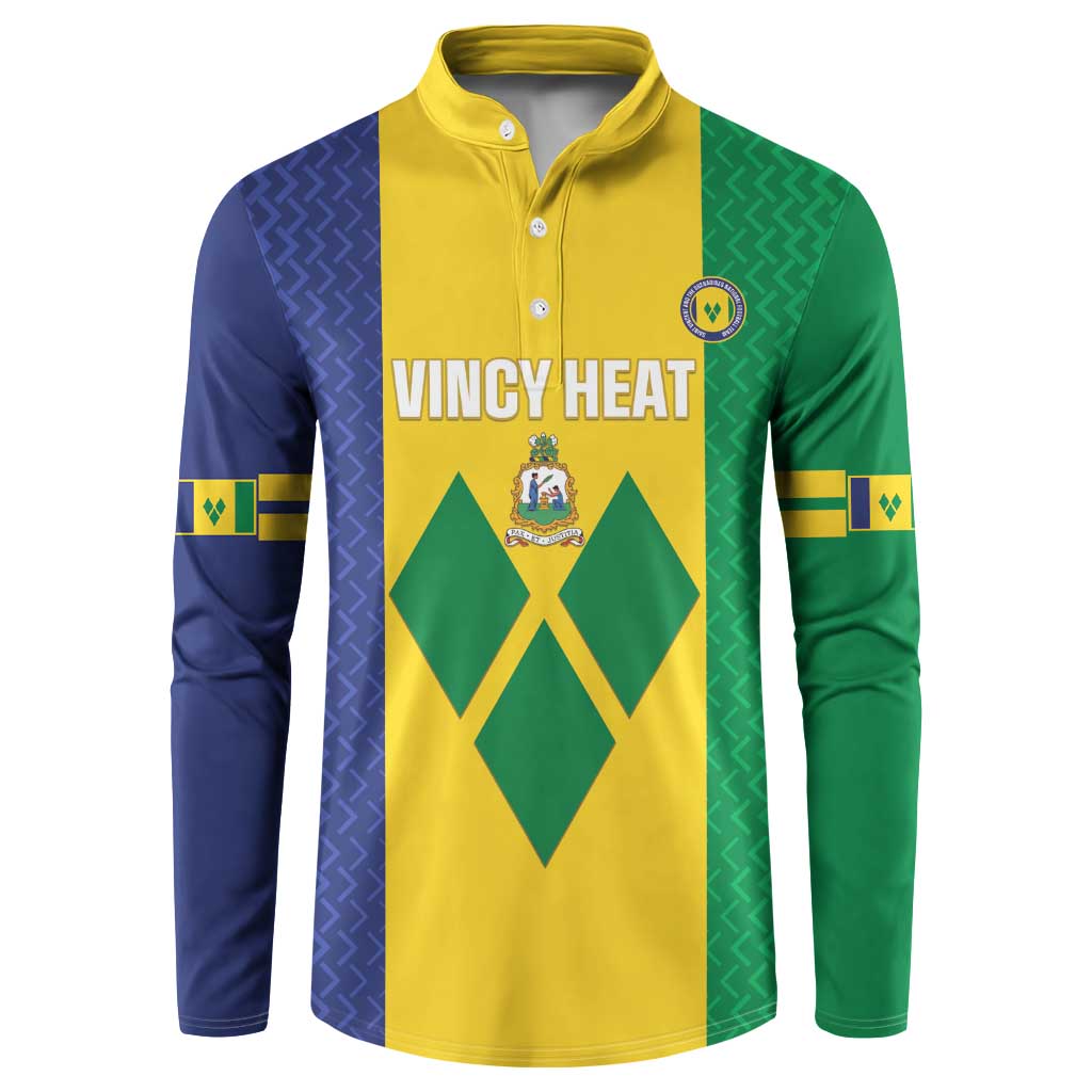 Colorblock button-front football sweatshirt, yellow center with green and navy sleeves