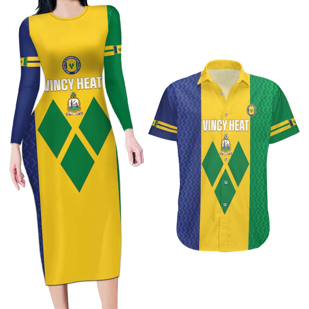 Custom Saint Vincent and the Grenadines Football Couples Matching Long Sleeve Bodycon Dress and Hawaiian Shirt Go Champions Vincy Heat