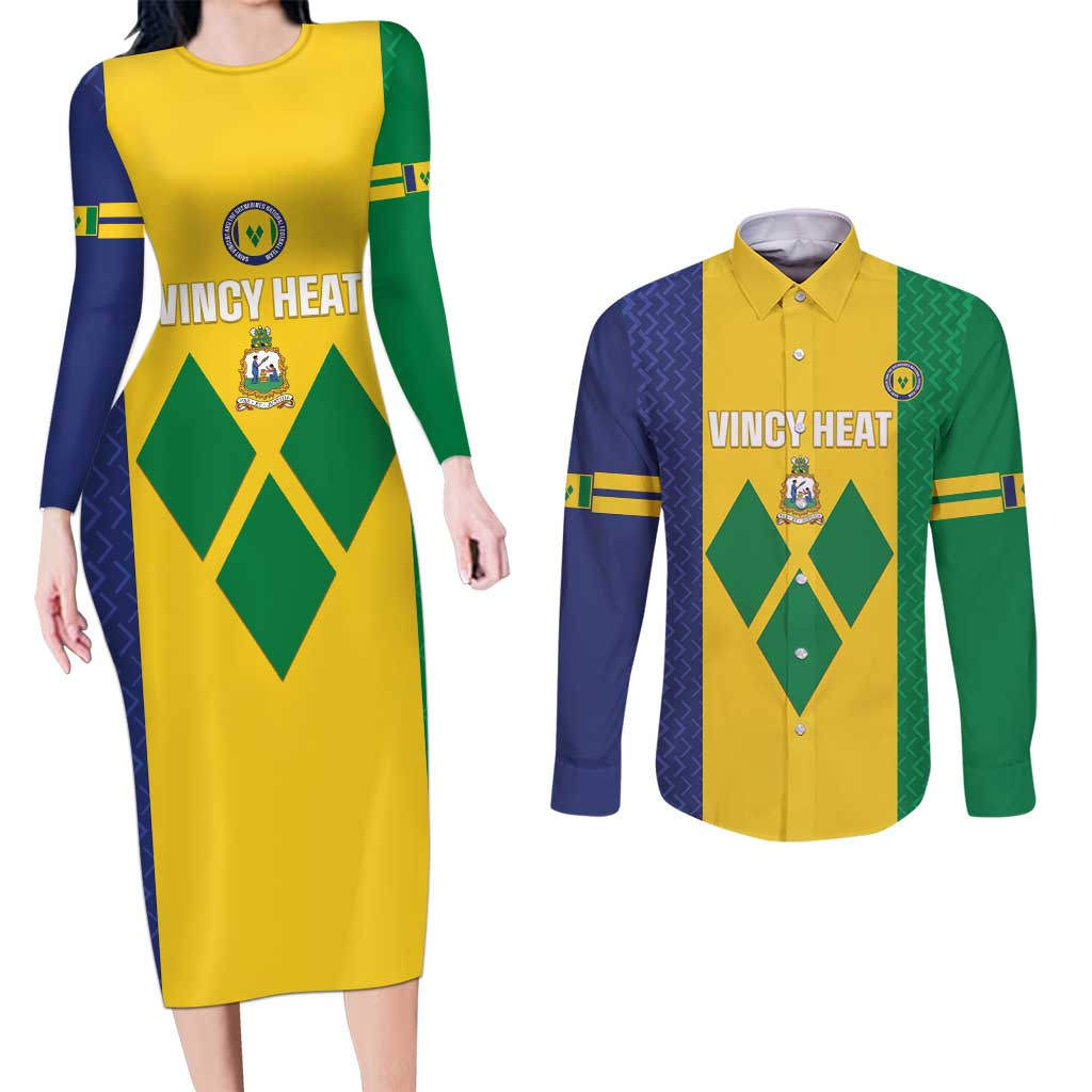 Custom Saint Vincent and the Grenadines Football Couples Matching Long Sleeve Bodycon Dress and Long Sleeve Button Shirt Go Champions Vincy Heat