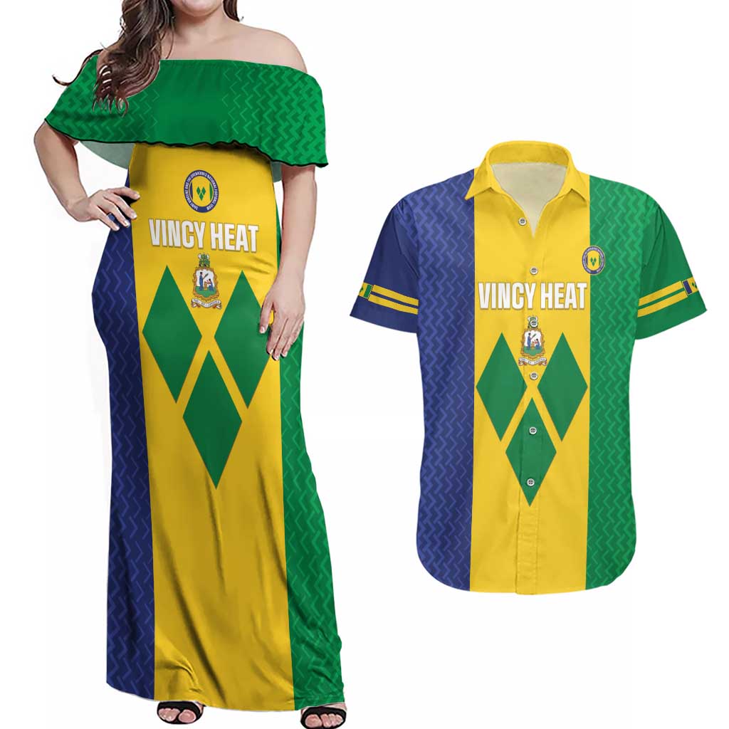 Custom Saint Vincent and the Grenadines Football Couples Matching Off Shoulder Maxi Dress and Hawaiian Shirt Go Champions Vincy Heat