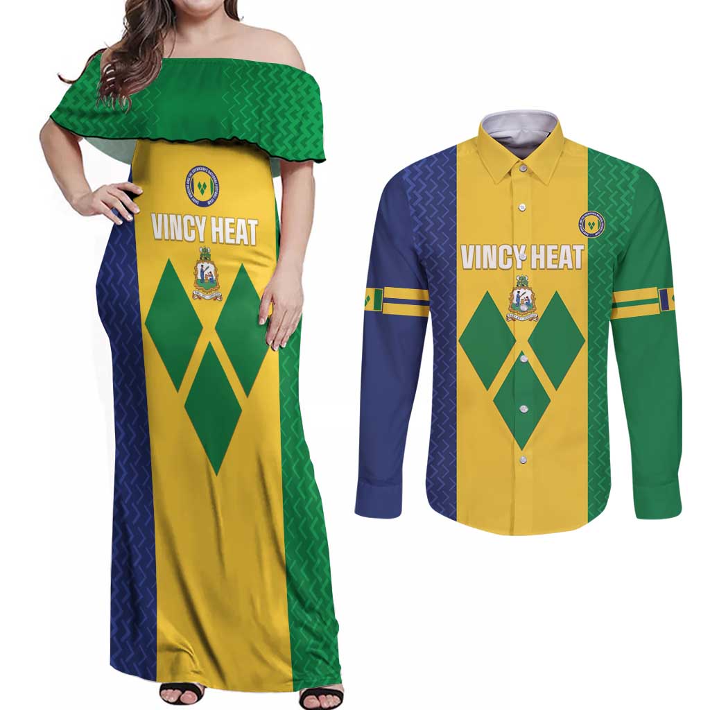 Custom Saint Vincent and the Grenadines Football Couples Matching Off Shoulder Maxi Dress and Long Sleeve Button Shirt Go Champions Vincy Heat