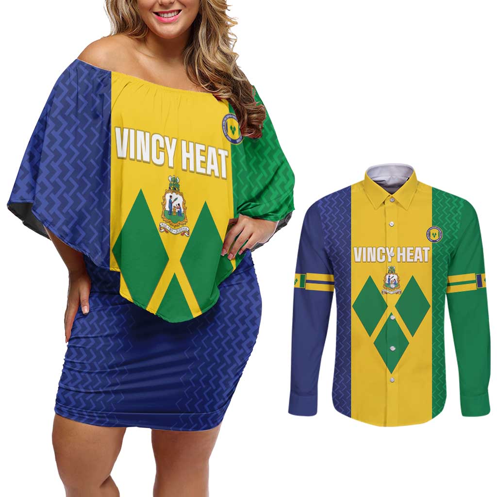 Custom Saint Vincent and the Grenadines Football Couples Matching Off Shoulder Short Dress and Long Sleeve Button Shirt Go Champions Vincy Heat