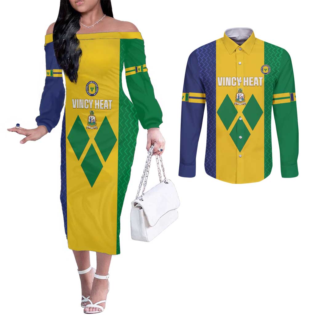 Custom Saint Vincent and the Grenadines Football Couples Matching Off The Shoulder Long Sleeve Dress and Long Sleeve Button Shirt Go Champions Vincy Heat