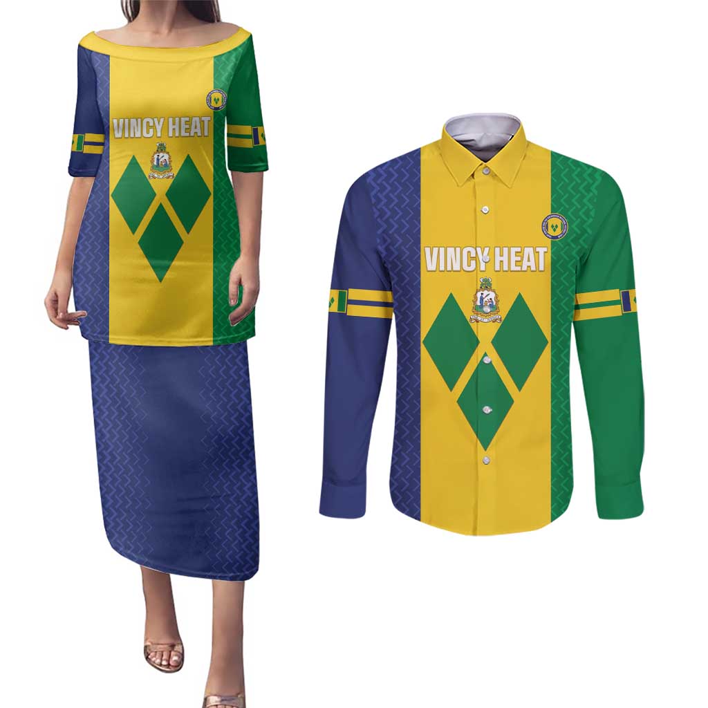 Custom Saint Vincent and the Grenadines Football Couples Matching Puletasi and Long Sleeve Button Shirt Go Champions Vincy Heat