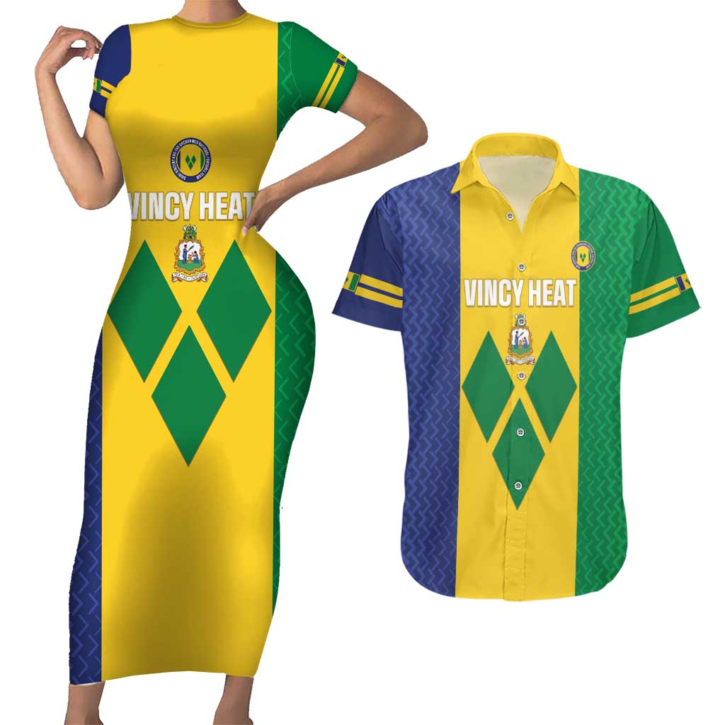 Custom Saint Vincent and the Grenadines Football Couples Matching Short Sleeve Bodycon Dress and Hawaiian Shirt Go Champions Vincy Heat