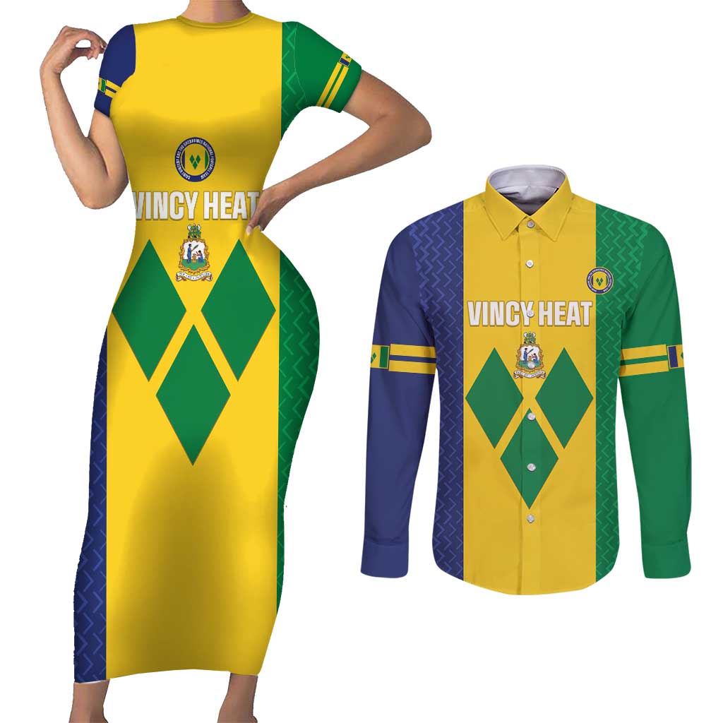 Custom Saint Vincent and the Grenadines Football Couples Matching Short Sleeve Bodycon Dress and Long Sleeve Button Shirt Go Champions Vincy Heat