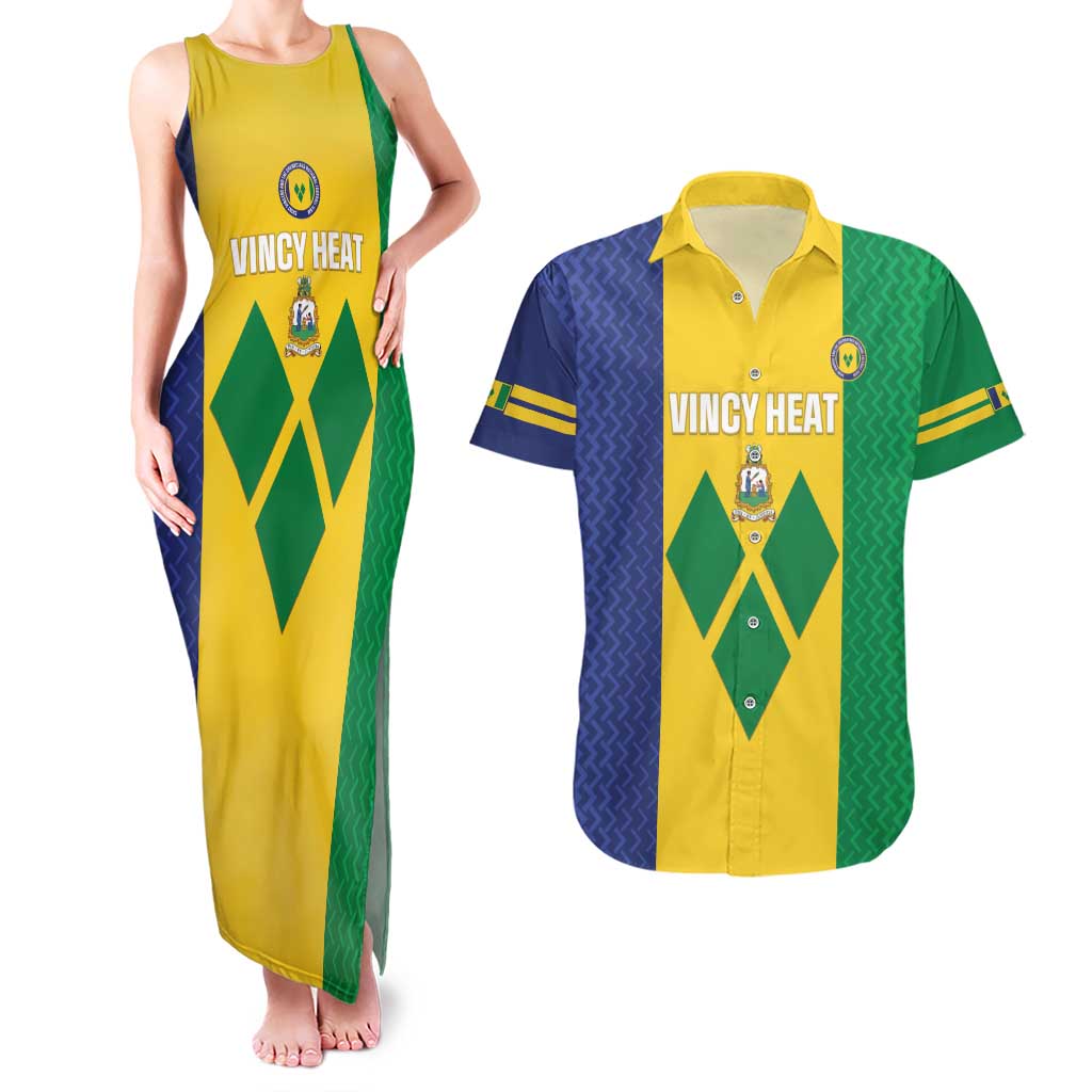 Custom Saint Vincent and the Grenadines Football Couples Matching Tank Maxi Dress and Hawaiian Shirt Go Champions Vincy Heat