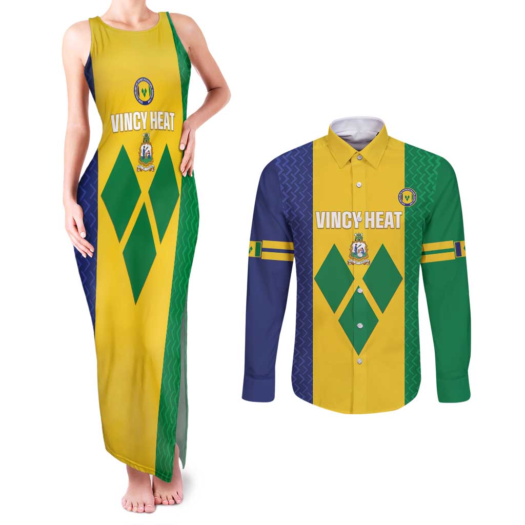 Custom Saint Vincent and the Grenadines Football Couples Matching Tank Maxi Dress and Long Sleeve Button Shirt Go Champions Vincy Heat