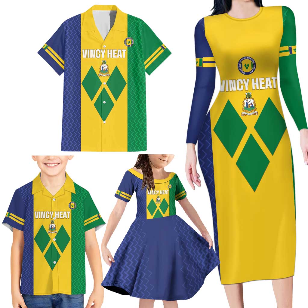 Custom Saint Vincent and the Grenadines Football Family Matching Long Sleeve Bodycon Dress and Hawaiian Shirt Go Champions Vincy Heat - Wonder Print Shop