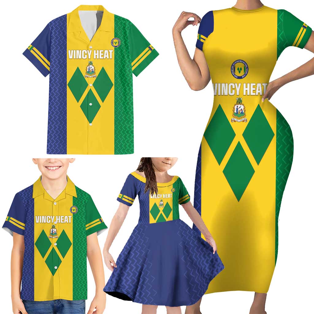 Custom Saint Vincent and the Grenadines Football Family Matching Short Sleeve Bodycon Dress and Hawaiian Shirt Go Champions Vincy Heat - Wonder Print Shop