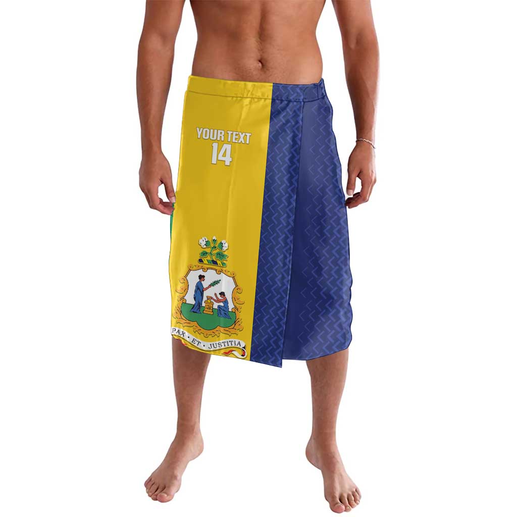 Yellow and blue knee-length wrap skirt with stitched panel and custom heat graphic
