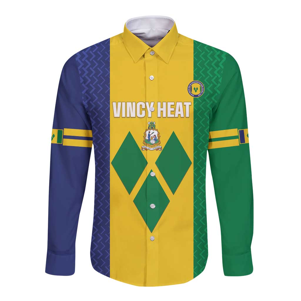 Unisex long-sleeve button shirt with yellow front and green/blue sleeves, front crest graphic