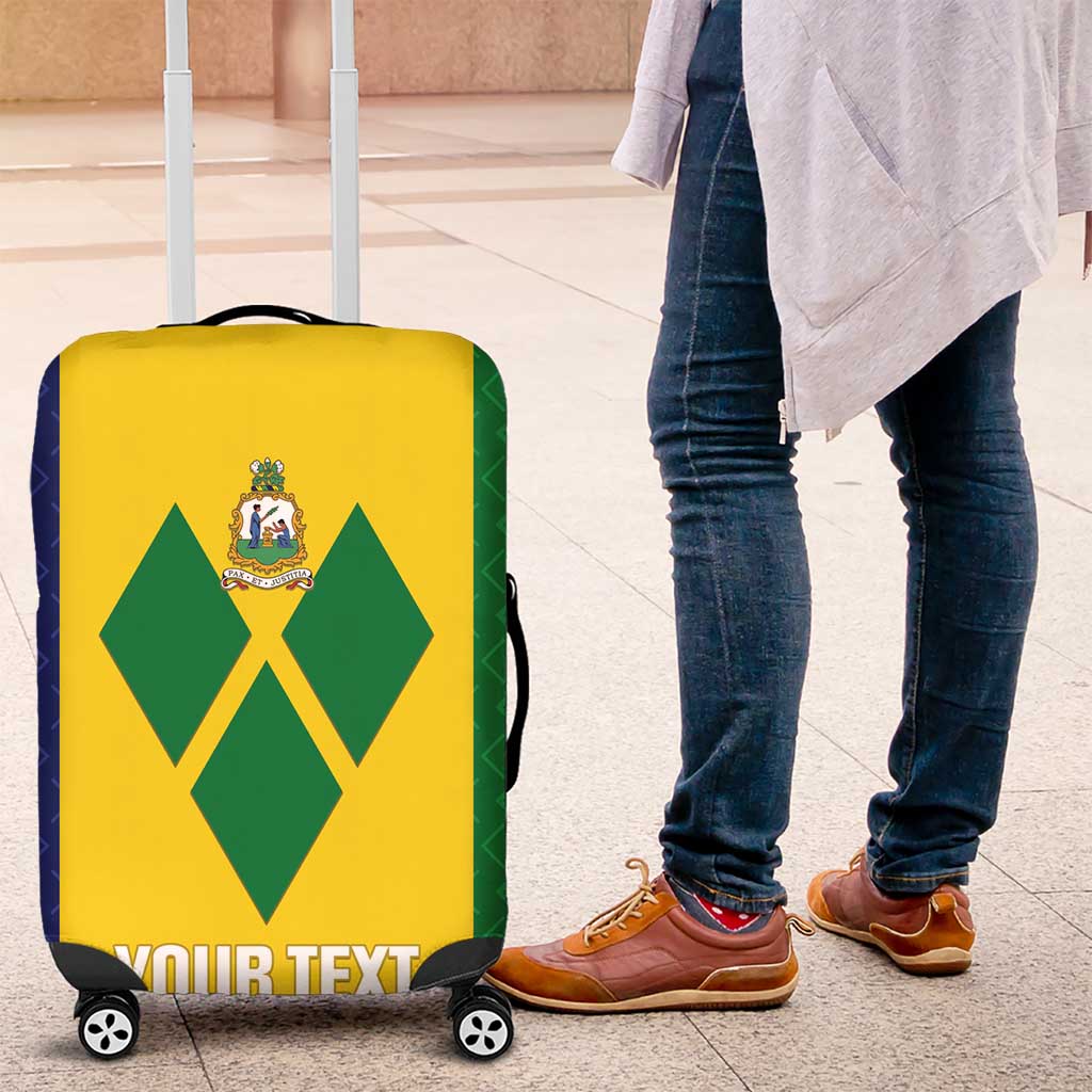 Yellow and green suitcase cover with crest emblem and spinner wheels