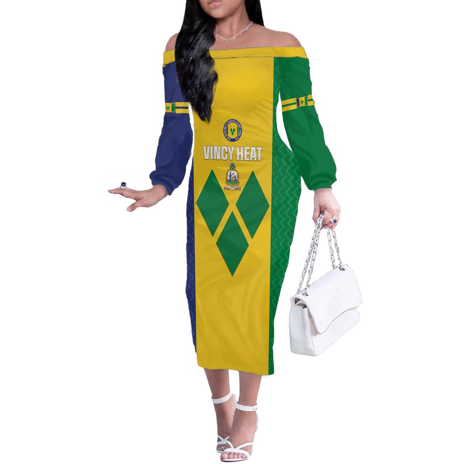 Custom Saint Vincent and the Grenadines Football Off The Shoulder Long Sleeve Dress Go Champions Vincy Heat - Wonder Print Shop