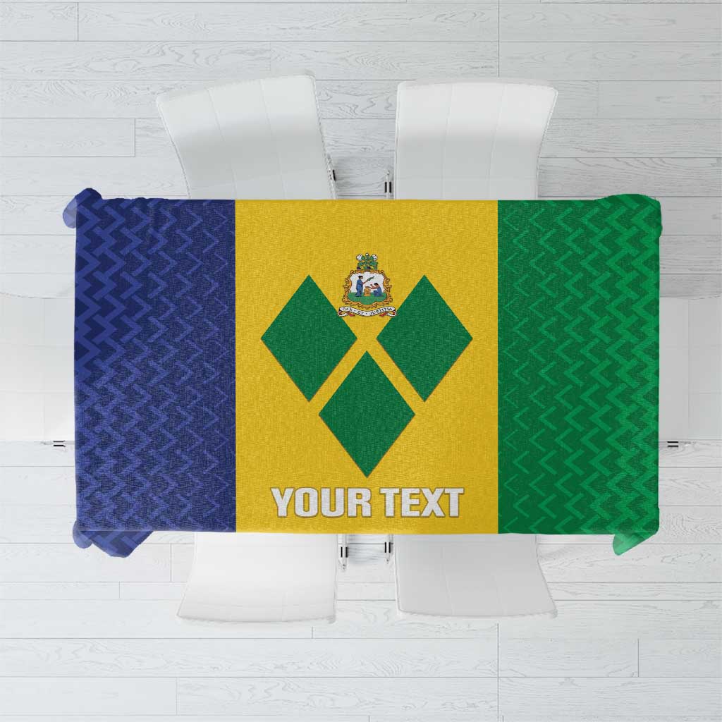 Football tablecloth with blue, yellow, and green panels, crest emblem and “YOUR TEXT”
