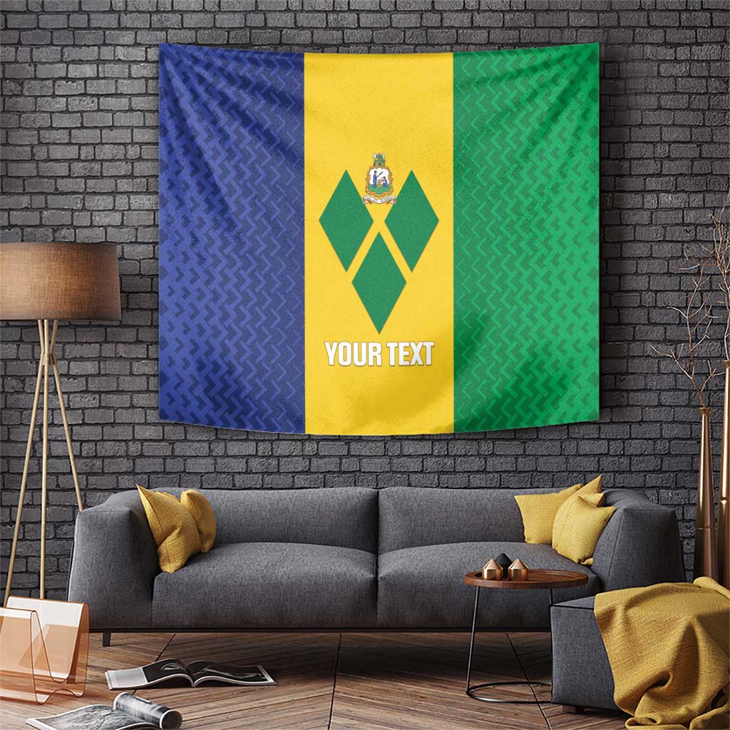 Football tapestry wall hanging with blue-yellow-green stripes, crest, and 'YOUR TEXT'