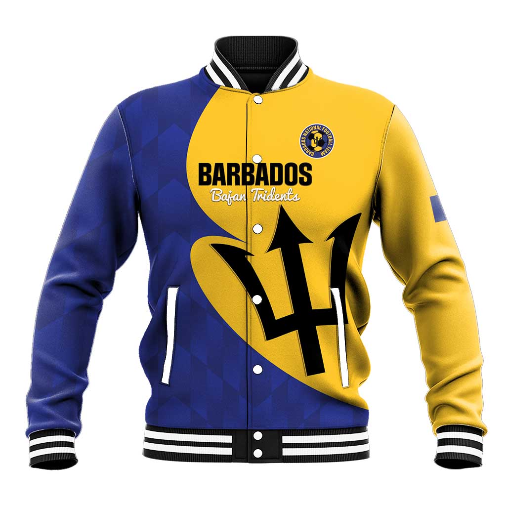 Yellow and blue varsity baseball jacket with Barbados logo and front button placket