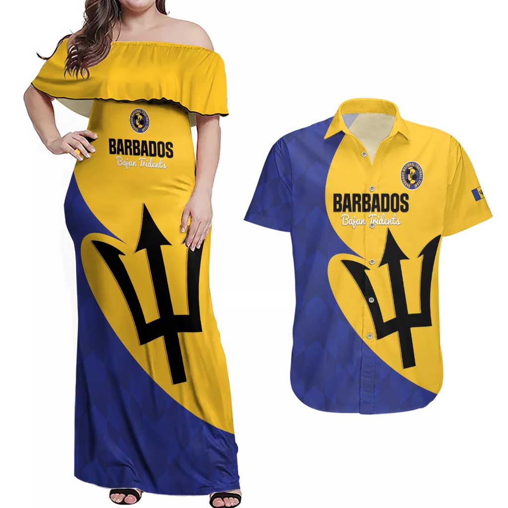 Custom Barbados Football Couples Matching Off Shoulder Maxi Dress and Hawaiian Shirt Go Champions Bajan Tridents