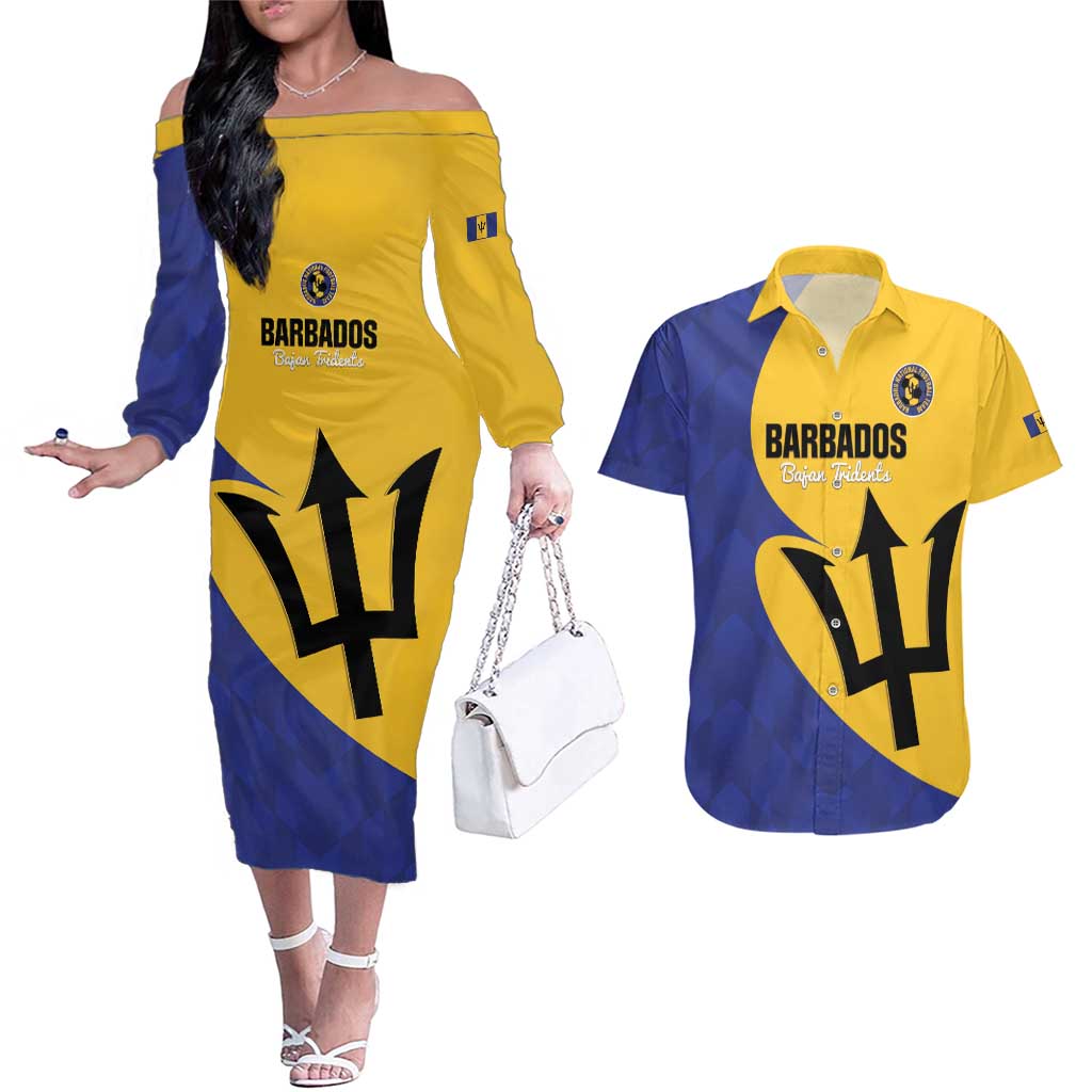 Custom Barbados Football Couples Matching Off The Shoulder Long Sleeve Dress and Hawaiian Shirt Go Champions Bajan Tridents