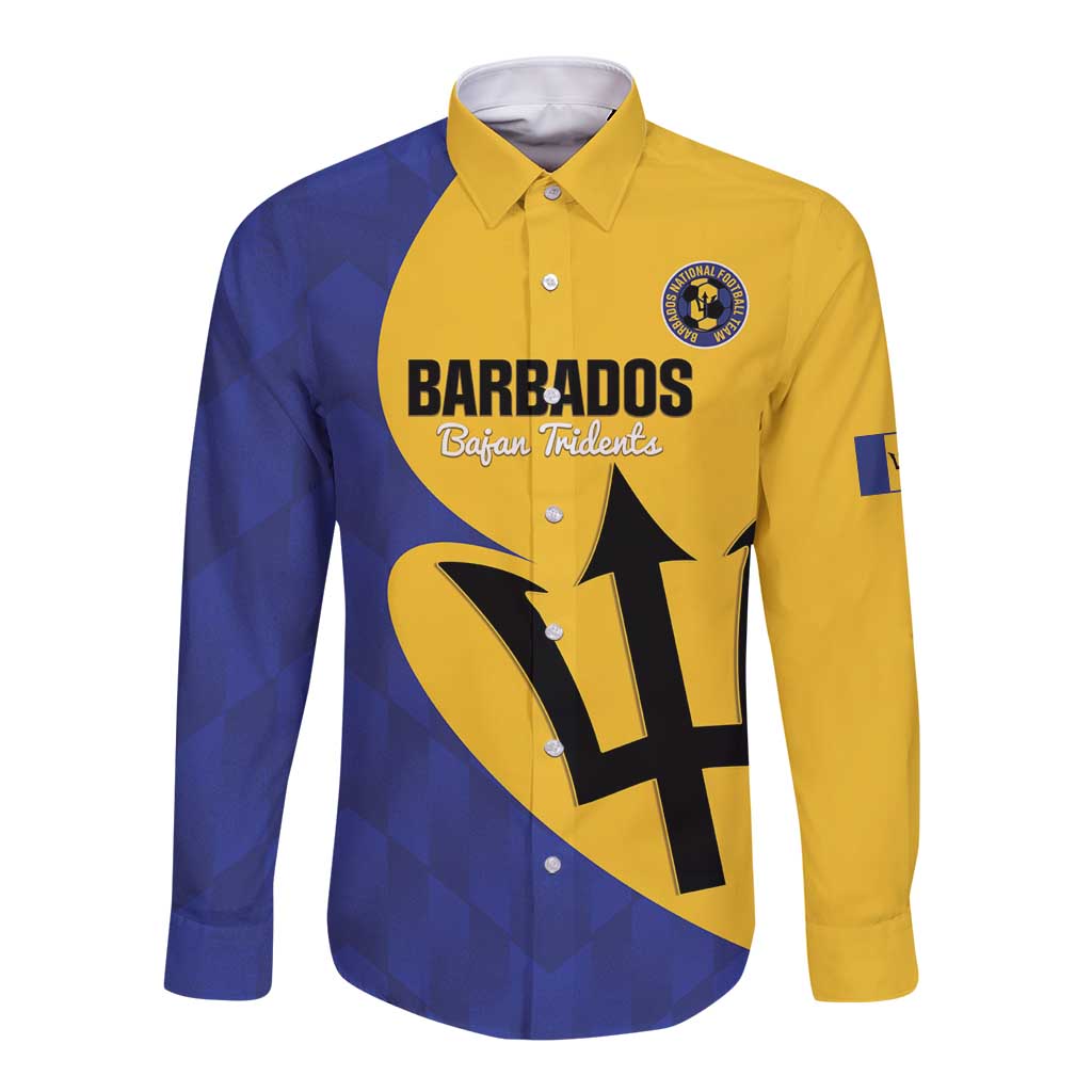 Long-sleeve button football shirt, yellow and blue with Barbados trident logo