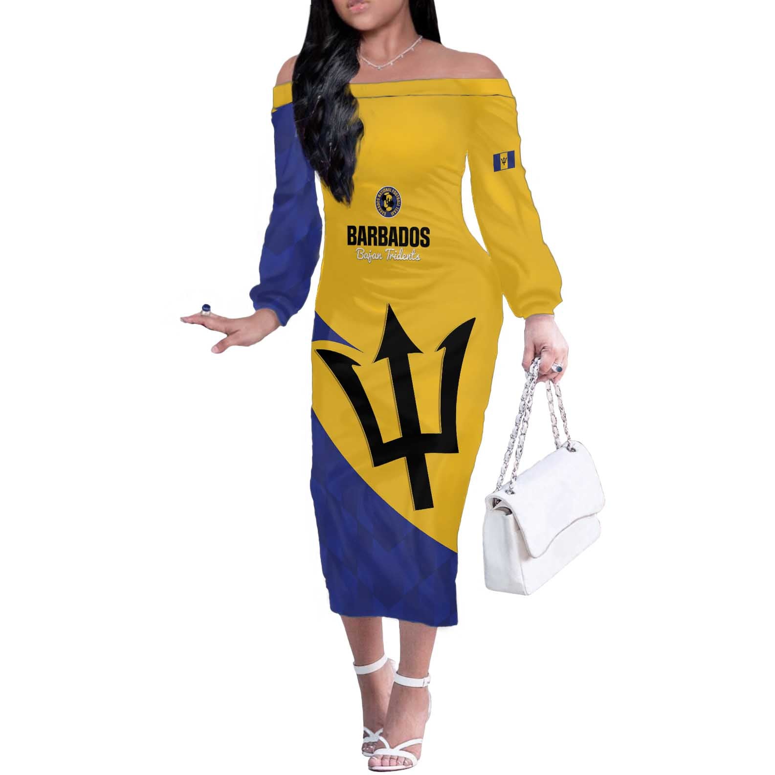 Custom Barbados Football Off The Shoulder Long Sleeve Dress Go Champions Bajan Tridents - Wonder Print Shop