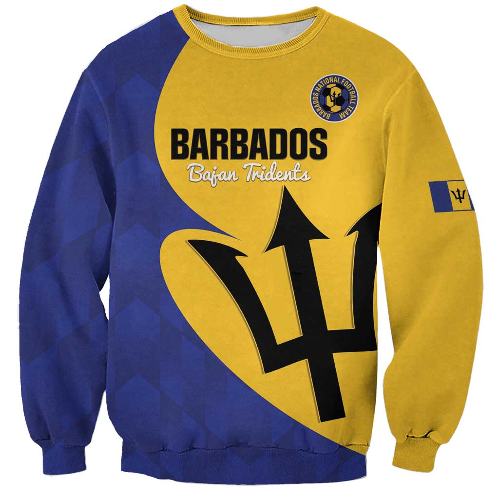 Unisex football sweatshirt in yellow with navy side panels, front Barbados Tridents print