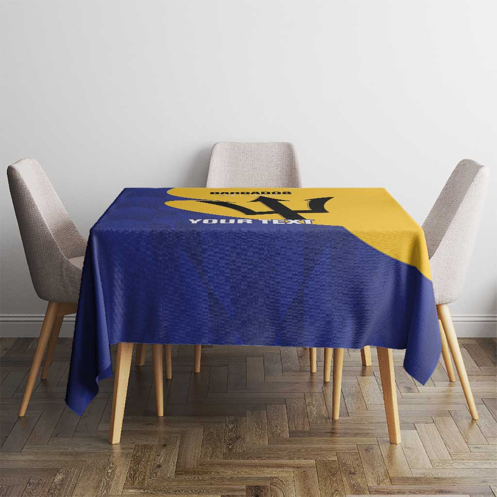 Football tablecloth in blue and yellow with Barbados logo, on table with four upholstered chairs