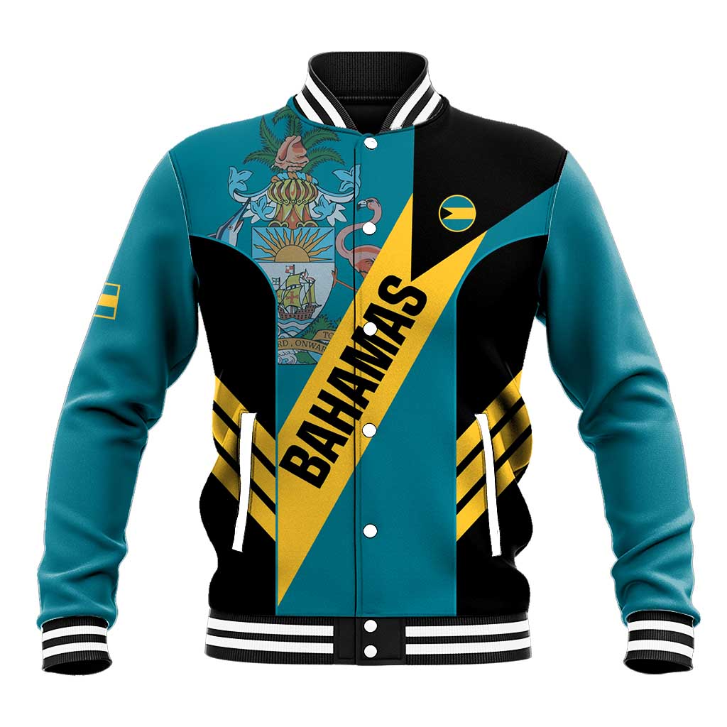 Aquamarine and black varsity baseball jacket, Bahamas emblem, striped panels, snap buttons