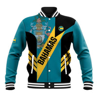 Aquamarine and black varsity baseball jacket, Bahamas emblem, striped panels, snap buttons