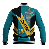 Back view aquamarine and black varsity jacket with crest, 'Your text' and number 14