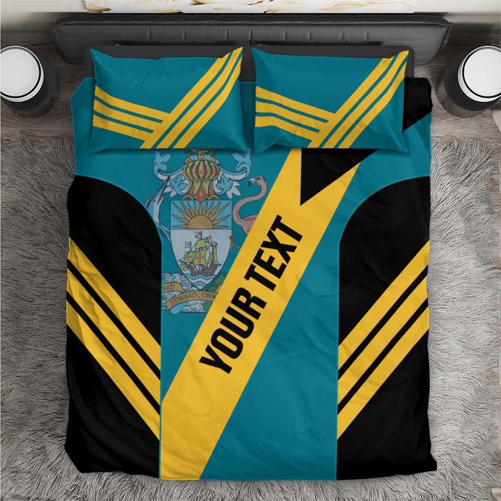 Turquoise, black, and yellow football-themed bedding set with crest and diagonal text stripe