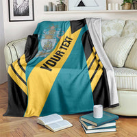 Aquamarine, black and yellow football blanket with diagonal stripe and crest graphic