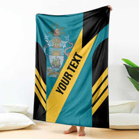 Teal football blanket with black sides, yellow diagonal stripe, and large text