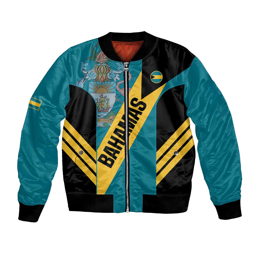 Aquamarine and black bomber jacket with front zipper, varsity patches, and striped panels