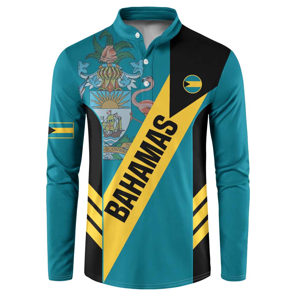 Turquoise button-up sweatshirt with Bahamas crest and long sleeves, black and yellow panels