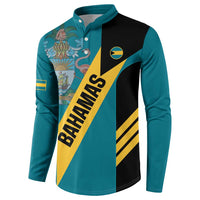 Turquoise button-up sweatshirt with Bahamas diagonal stripe and crest, long sleeves, black side
