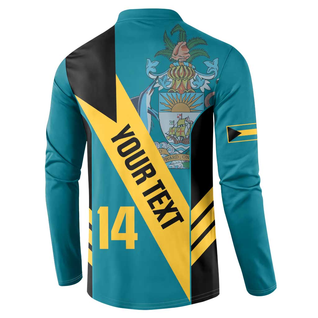 Back of turquoise button-up sweatshirt with Bahamas graphic, bold stripes, and '14' on panel