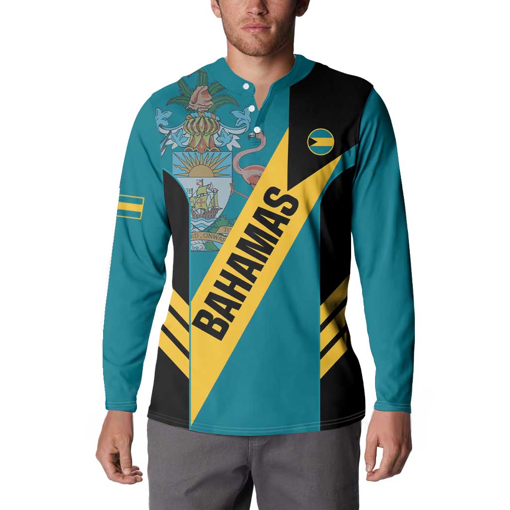 Turquoise button-up sweatshirt with Bahamas diagonal print, crest on chest, long sleeves