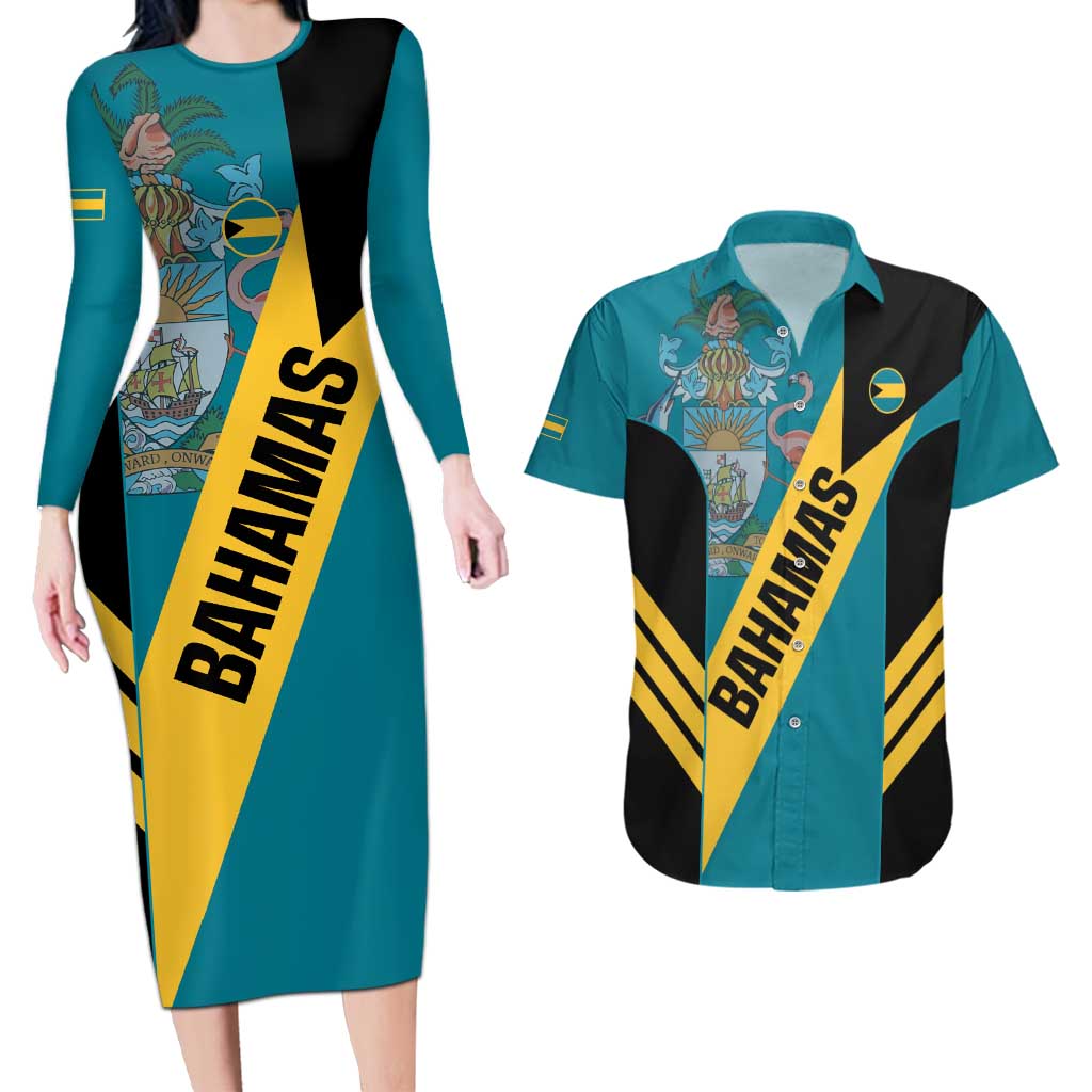 Custom Bahamas Football Couples Matching Long Sleeve Bodycon Dress and Hawaiian Shirt Go Bahamian Slayersz