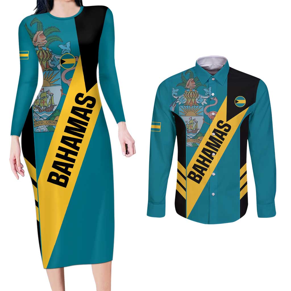 Custom Bahamas Football Couples Matching Long Sleeve Bodycon Dress and Long Sleeve Button Shirt Go Bahamian Slayersz